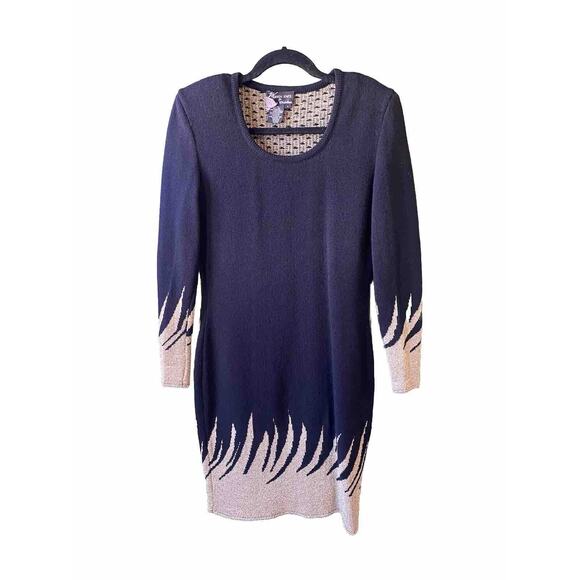 Womens Sweater Dress Size 4 Vintage Knit Black & Gold Wool Midi Country Glam - Picture 1 of 10